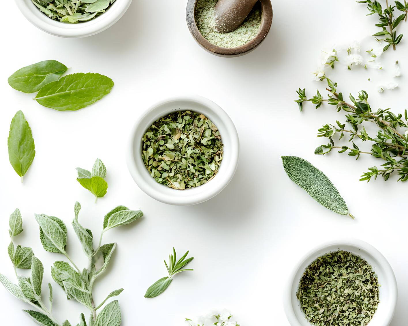 Fresh herbs and green powders arranged around small bowls.