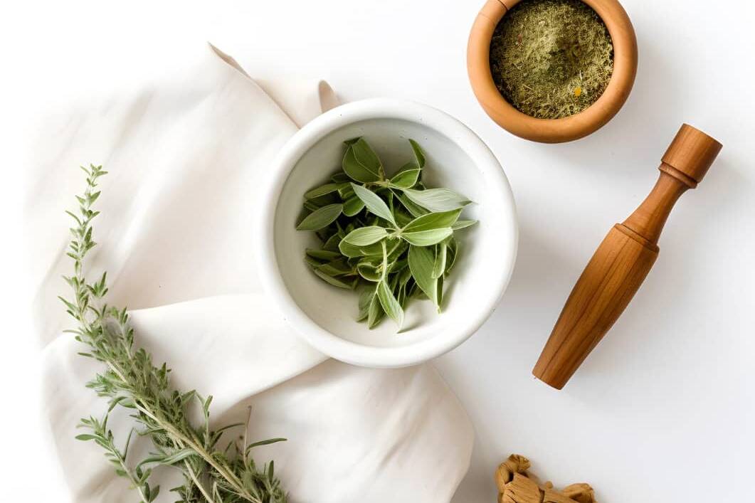Green tea leaves, dried herbs, and a wooden scoop on white cloth.