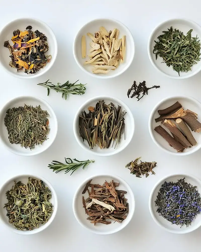 白色碗中的乾燥草本、根材、木材與植物材料平鋪圖。